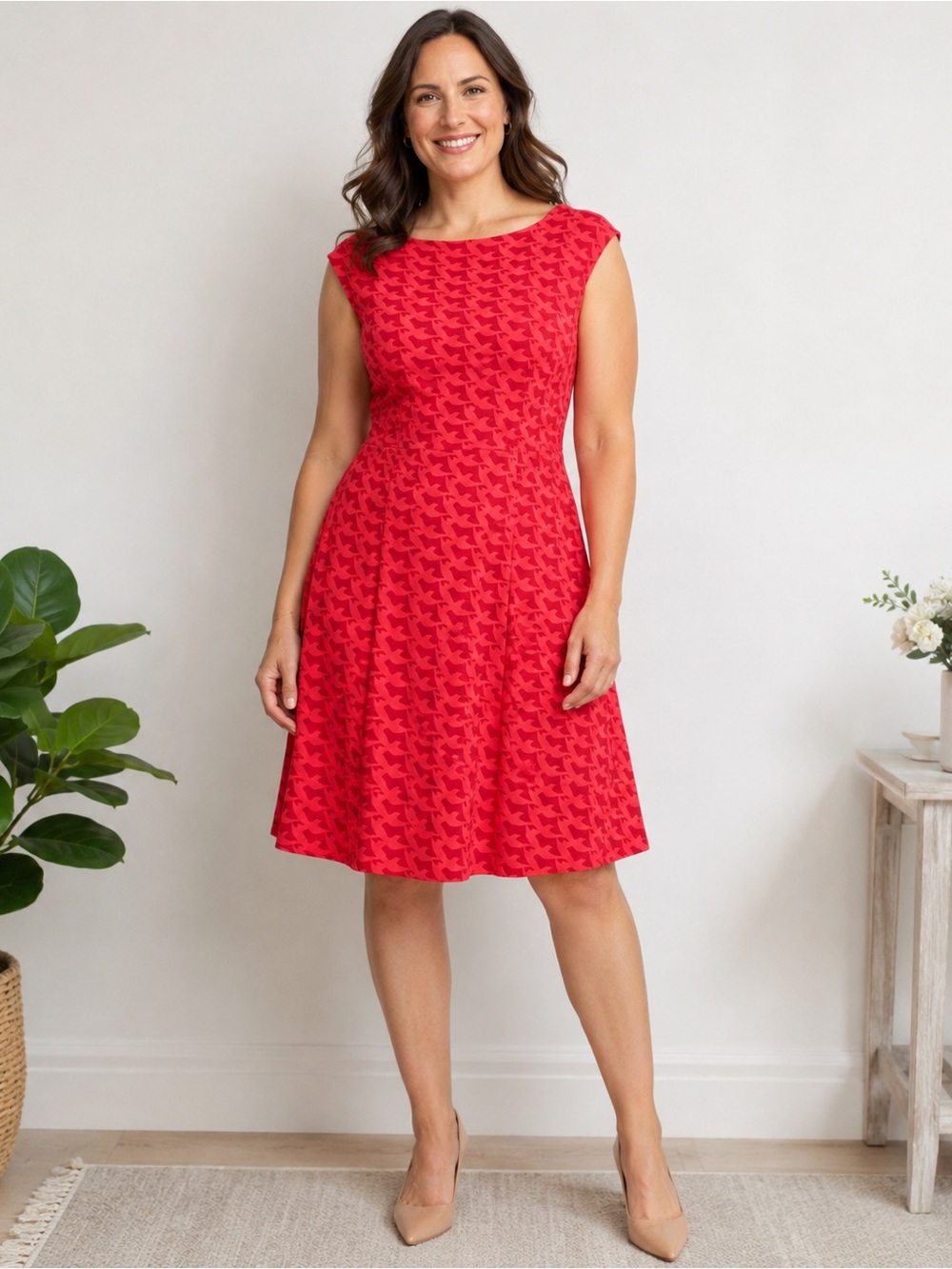 Boden Red Bird Print Fit & Flare A Line Dress Size 10 Sleeveless